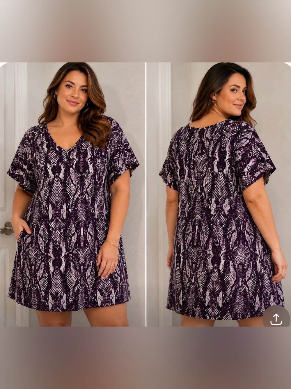 🩵NWT RENEE GREENSTEIN WOMEN W/CONTROL PYTHON PRINT PURPLE DRESS V NECKLINE, 2X